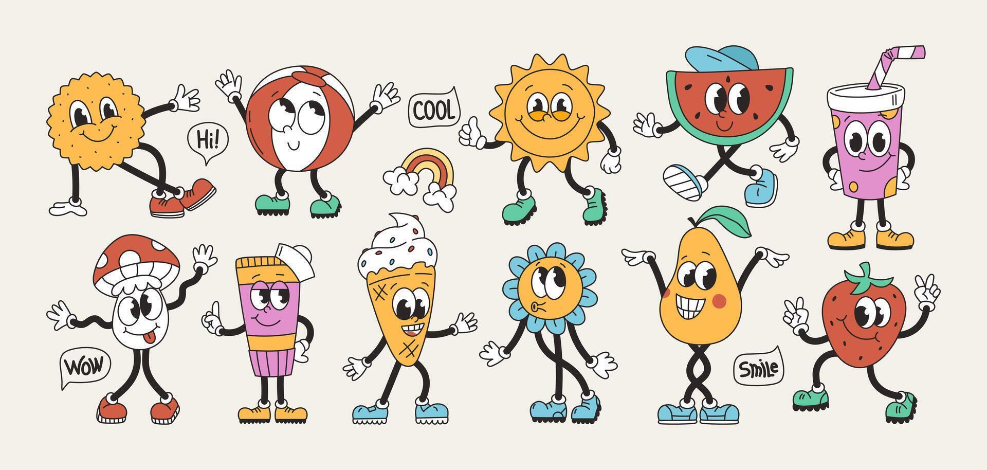 grande impostato di retrò Groovy personaggi. divertente Vintage ▾ mascotte, elementi, oggetti, frutta, discorso bolla. cartone animato illustrazione vettore