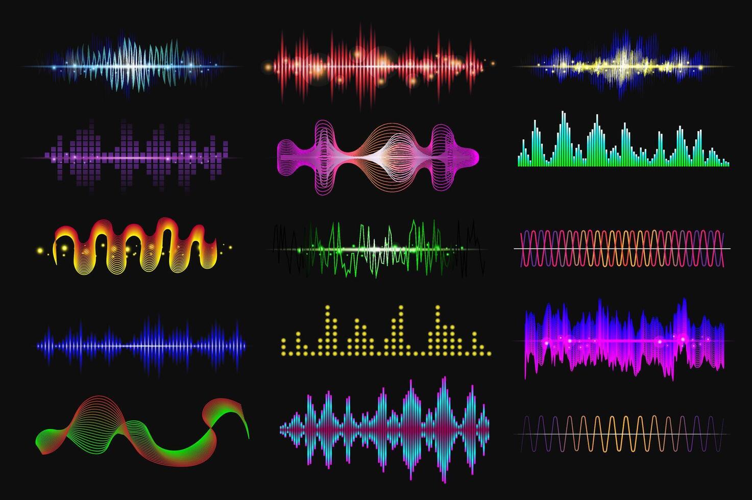 suono onde impostato nel cartone animato design. fascio di diverso forme di frequenza Audio forma d'onda, musica onda effetto per equalizzatore, colorato musicale vibrazioni isolato piatto elementi. illustrazione vettore