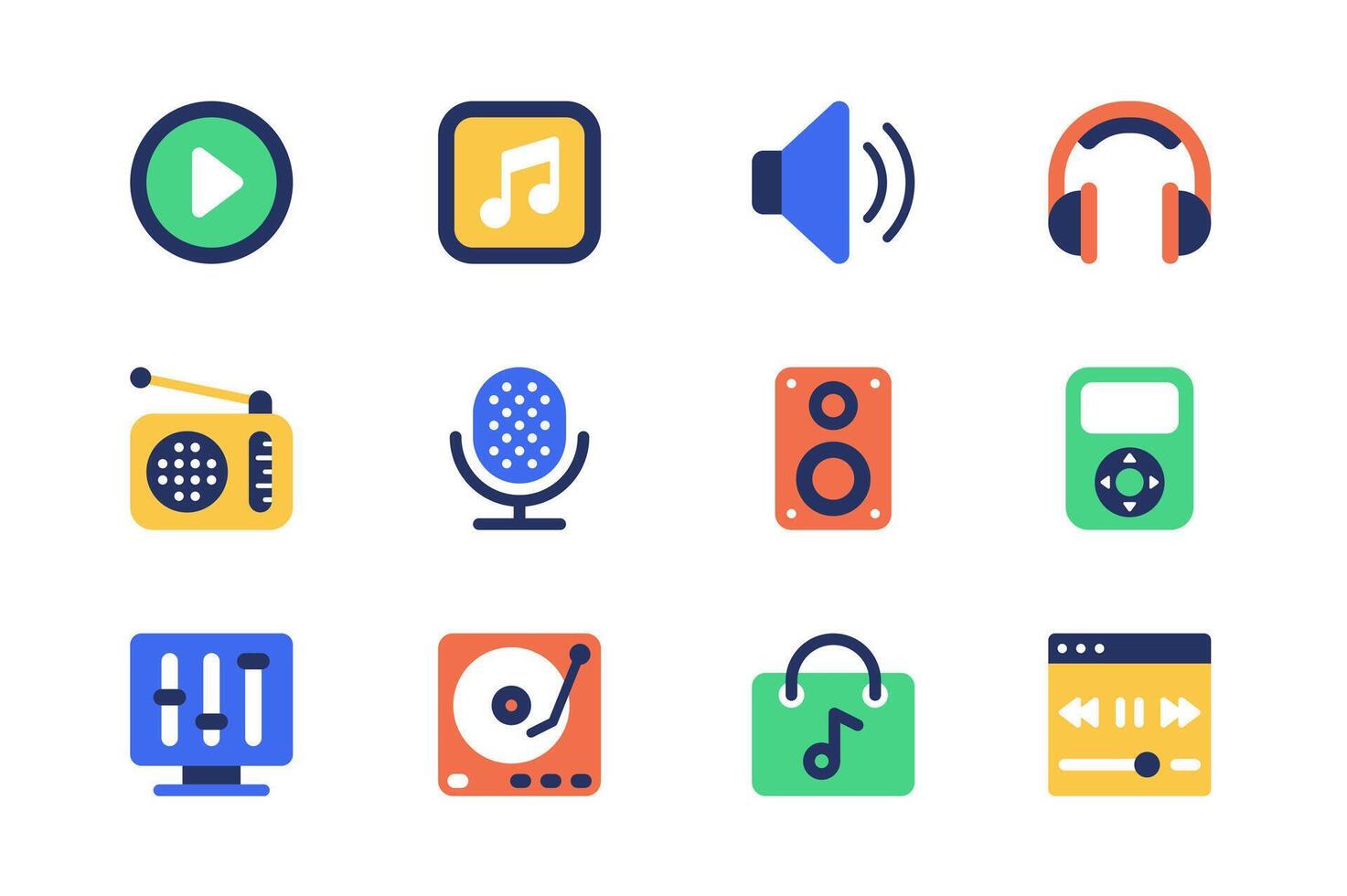 musica e Radio stazione concetto di ragnatela icone impostato nel semplice piatto design. imballare di Audio, giocare a, Nota, volume, cuffia, microfono, altoparlante, giocatore, equalizzatore e Altro. pittogrammi per mobile App vettore