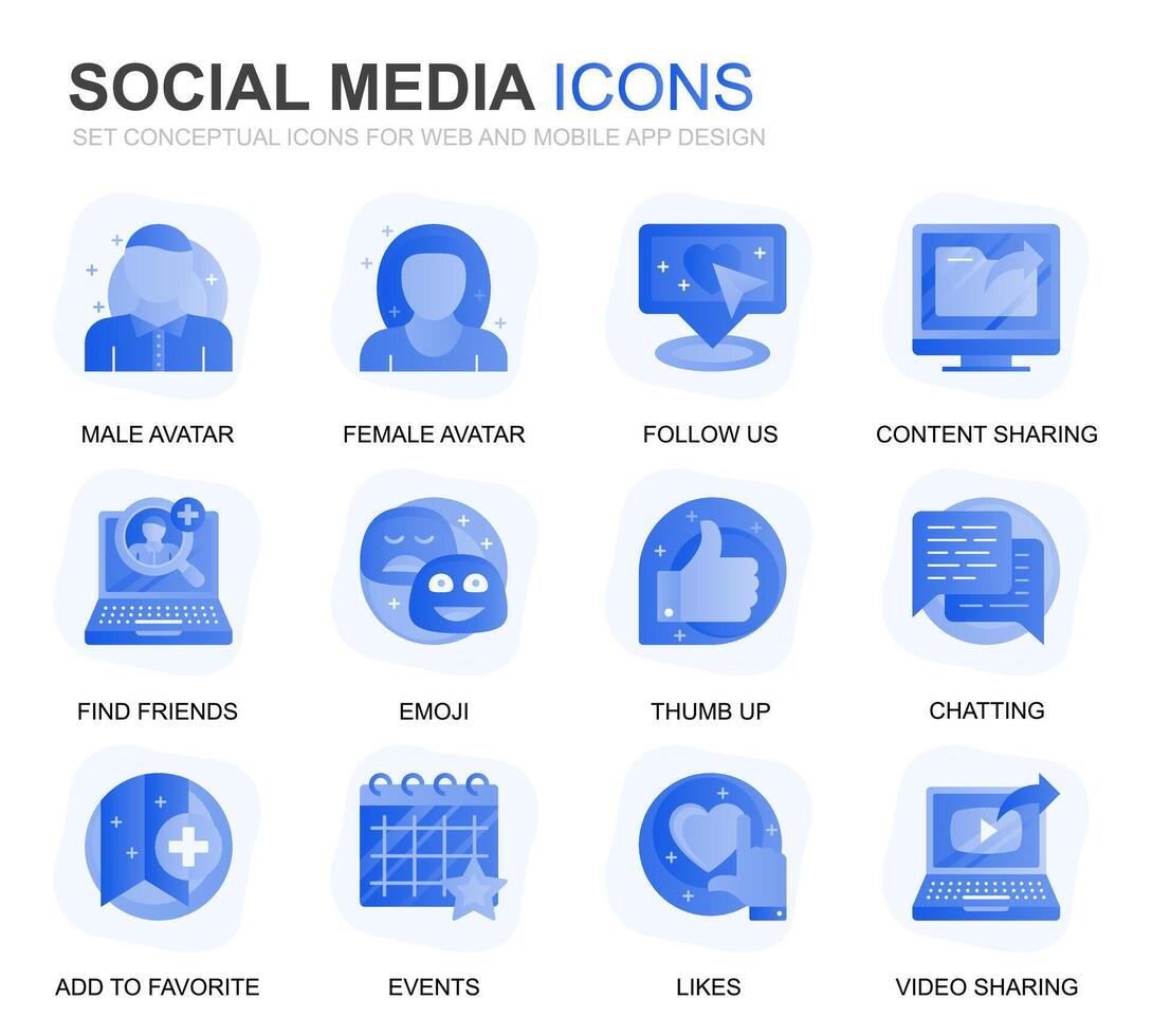moderno impostato sociale media e Rete pendenza piatto icone per sito web e mobile app. contiene come icone come avatar, emoji, chiacchierando, piace. concettuale colore piatto icona. pittogramma pacchetto. vettore
