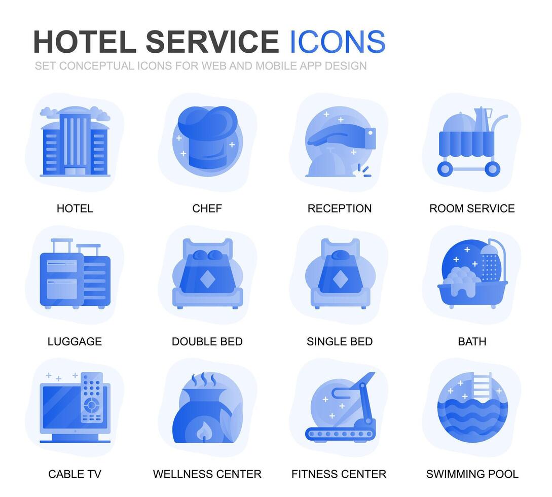 moderno impostato Hotel Servizi pendenza piatto icone per sito web e mobile app. contiene come icone come bagaglio, ricezione, camera Servizi, fitness centro. concettuale colore piatto icona. pittogramma pacchetto. vettore