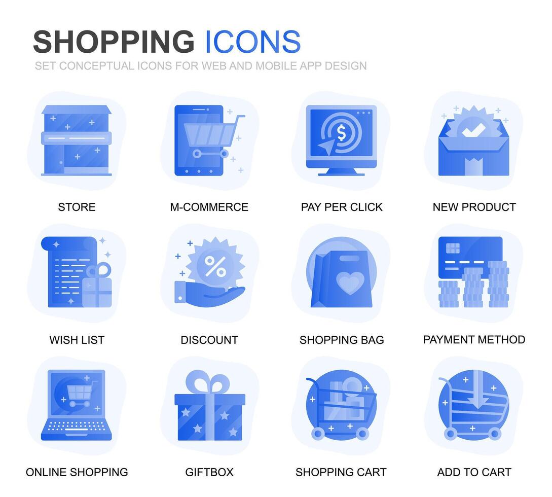 moderno impostato shopping e e-commerce pendenza piatto icone per sito web e mobile app. contiene come icone come consegna, pagamento metodo, negozio, commercio. concettuale colore piatto icona. pittogramma pacchetto. vettore