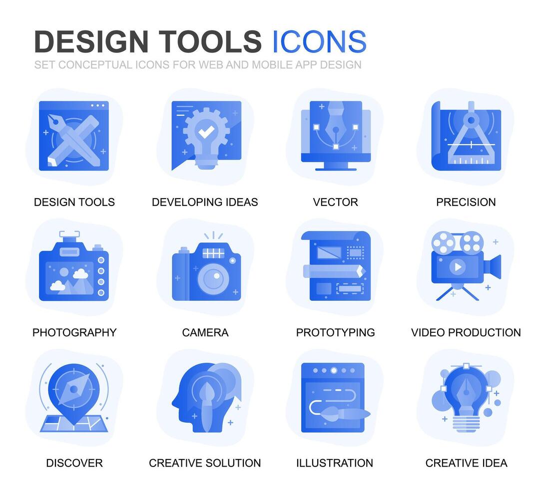 moderno impostato design utensili pendenza piatto icone per sito web e mobile app. contiene come icone come creativo, sviluppando, precisione, visione, schizzo. concettuale colore piatto icona. pittogramma pacchetto. vettore