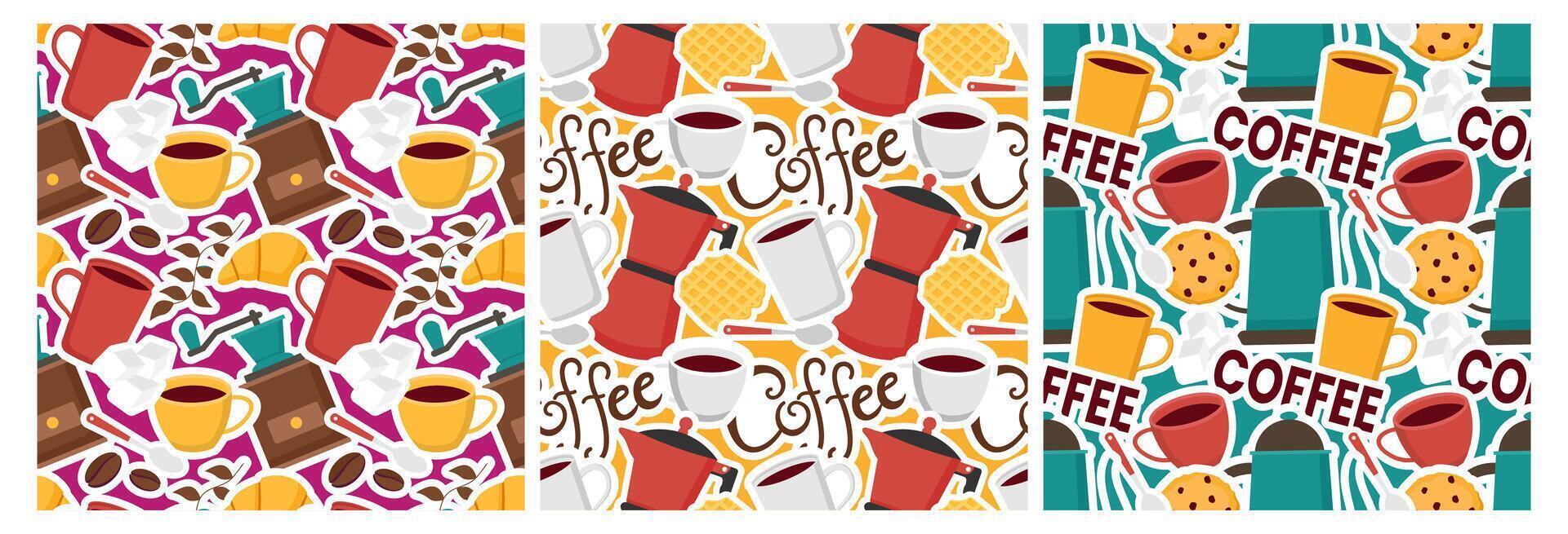 caffè tempo senza soluzione di continuità modello design con cacao fagioli, cereali e brocca nel cartone animato piatto illustrazione vettore