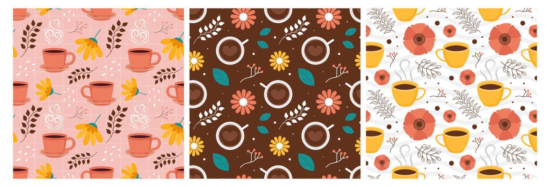 caffè tempo senza soluzione di continuità modello design con cacao fagioli, cereali e brocca nel cartone animato piatto illustrazione vettore