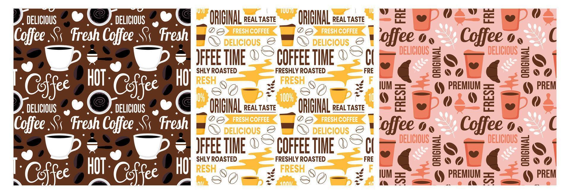 caffè tempo senza soluzione di continuità modello design con cacao fagioli, cereali e brocca nel cartone animato piatto illustrazione vettore