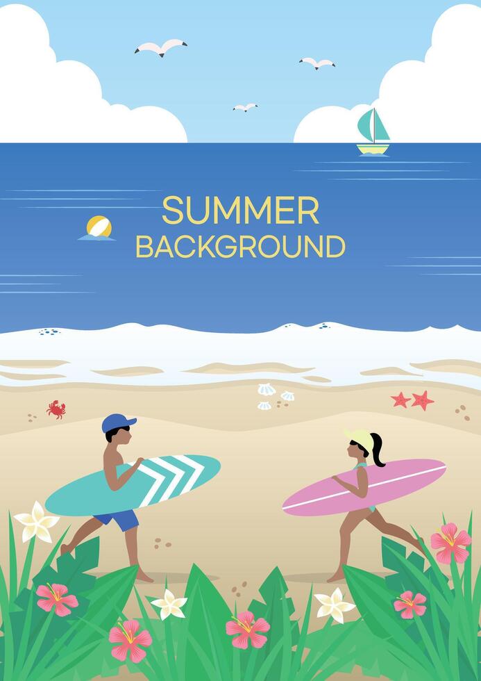 contento estate Holliday vacanza sfondo con oceano Visualizza, spiaggia scenario o il Visualizza di nuoto piscina vettore