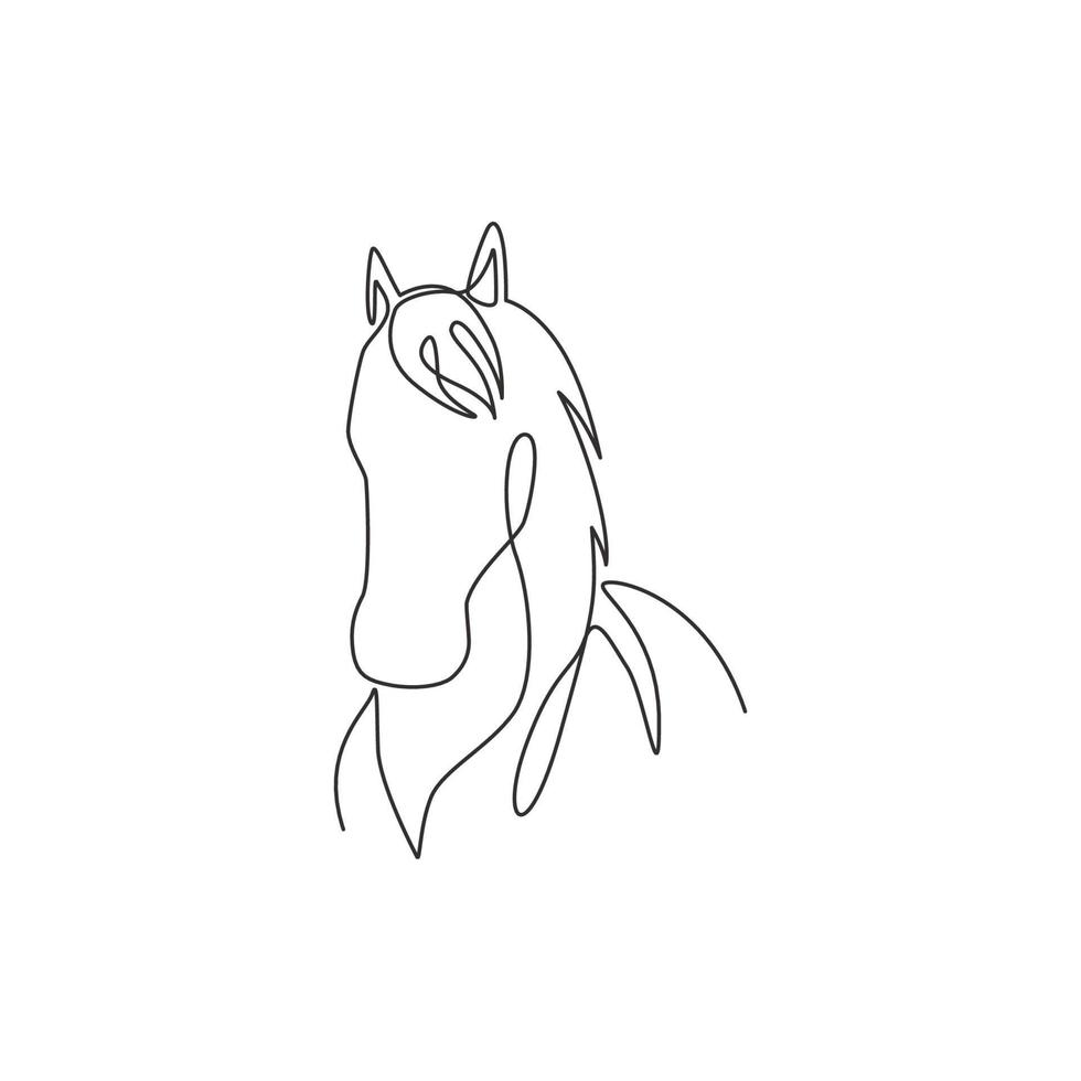 un unico disegno a tratteggio della testa di cavallo di bellezza eleganza per l'identità del logo aziendale. carino pony cavallo mammifero animale simbolo concetto. illustrazione grafica vettoriale di disegno di disegno di linea continua alla moda