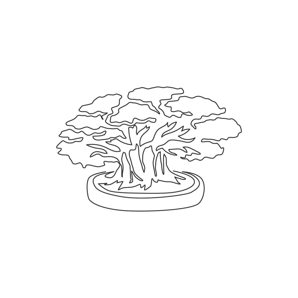 un disegno a tratteggio continuo di bellezza e albero bonsai cinese fresco. decorativo vecchio vaso minuscolo albero di banyan concetto per la stampa di poster di decorazione della parete di casa arte. illustrazione vettoriale di disegno a linea singola