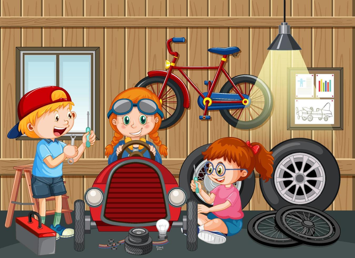 scena del garage con bambini che aggiustano un'auto insieme vettore
