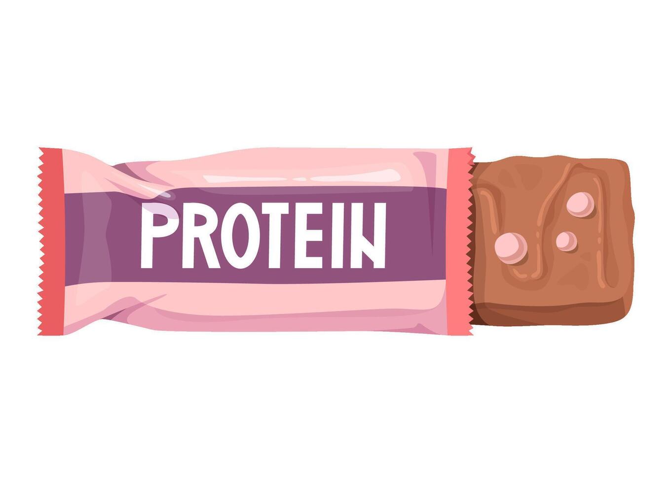 semiaperto proteina bar nel rosa involucro con visibile cioccolato sbarra. Salute e fitness nutrizione concetto. vettore