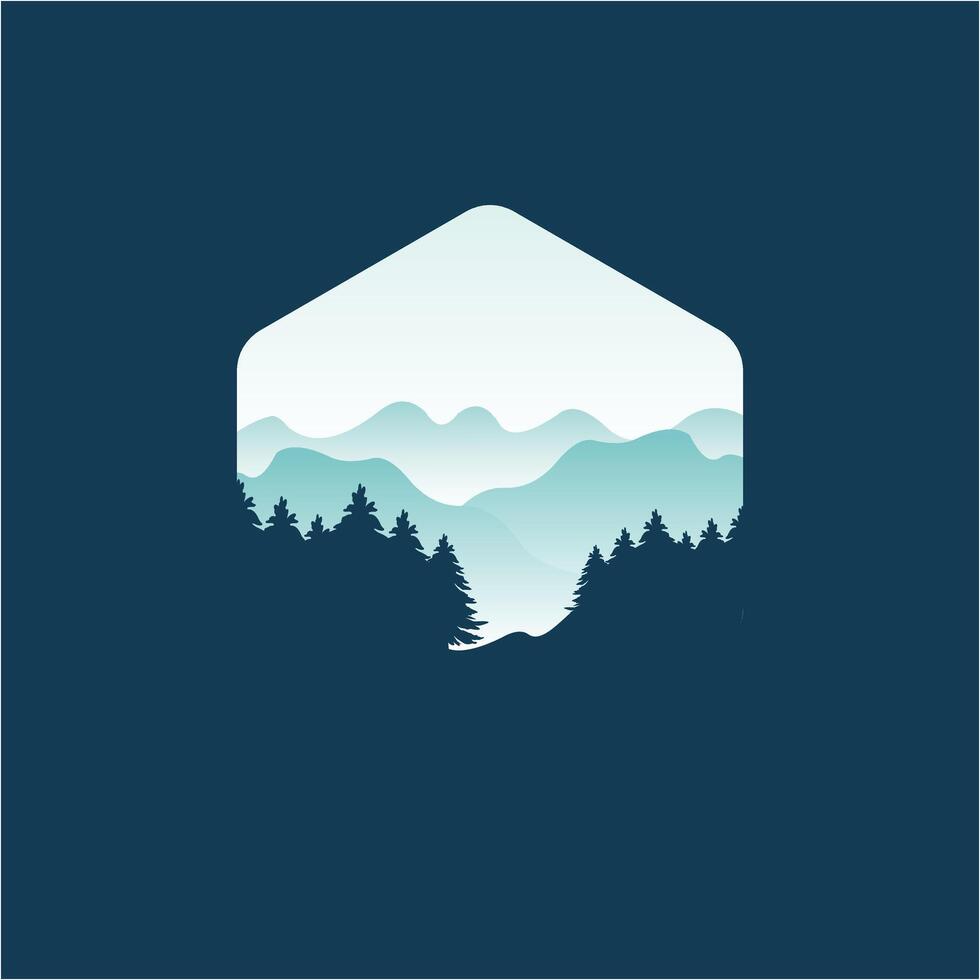 natura scena con montagna e foresta, paesaggio illustrazione logo design vettore