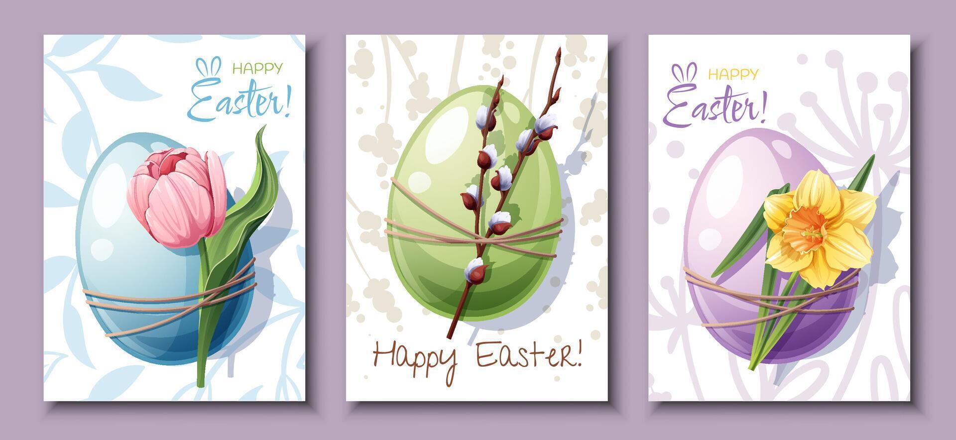 impostato di Pasqua carta con un uovo e un' figa salice, narciso e tulipano. striscione, manifesto per il primavera vacanza. contento Pasqua. vettore
