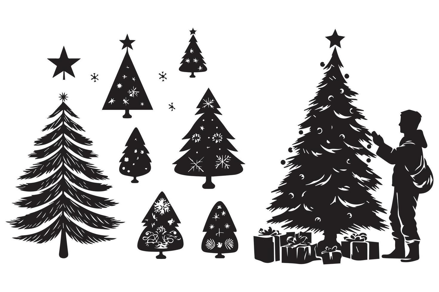 impostato di silhouette di un' uomo sotto il Natale albero e regalo scatola vettore