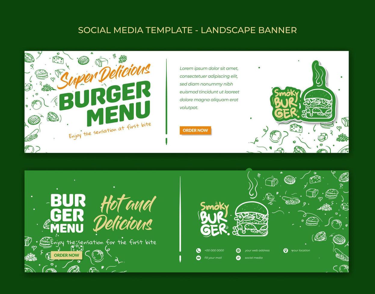 paesaggio bandiera modello nel bianca e verde sfondo con mano disegnato di ingrediente per fabbricazione hamburger. bene modello di veloce cibo o strada cibo annuncio pubblicitario design vettore