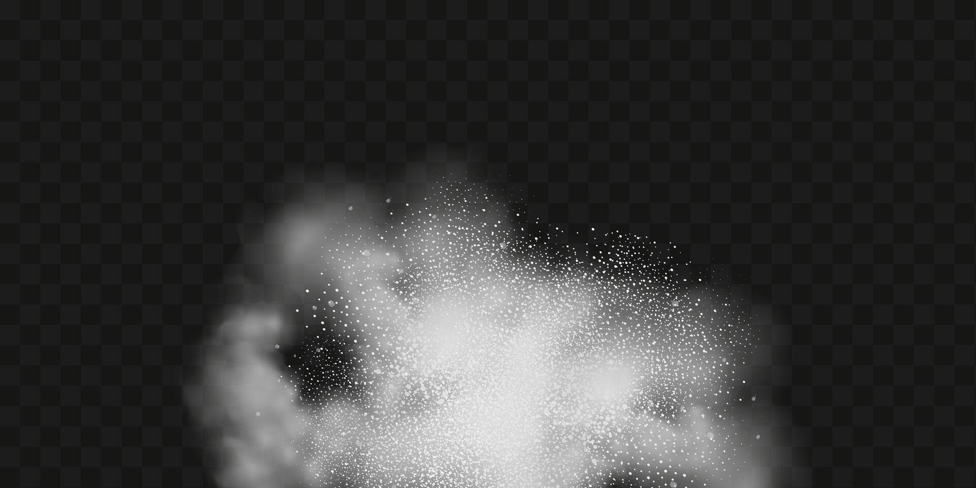un' realistico impostato di bianca nuvole di Farina, zucchero, lavaggio polvere. un esplosione di neve polvere nel il aria. un' spruzzo di ghiaccio cristalli nel un' bianca bufera di neve nube. vettore