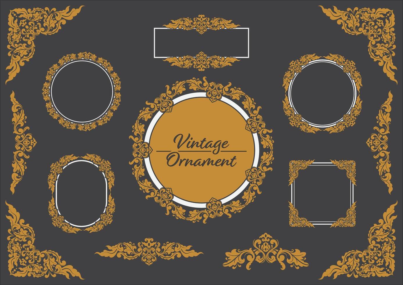 impostato di d'oro Vintage ▾ ornamento con confine, telaio, corona, angolo, etichetta, mandala e lusso elementi, adatto per Vintage ▾ design o nozze invito carta vettore