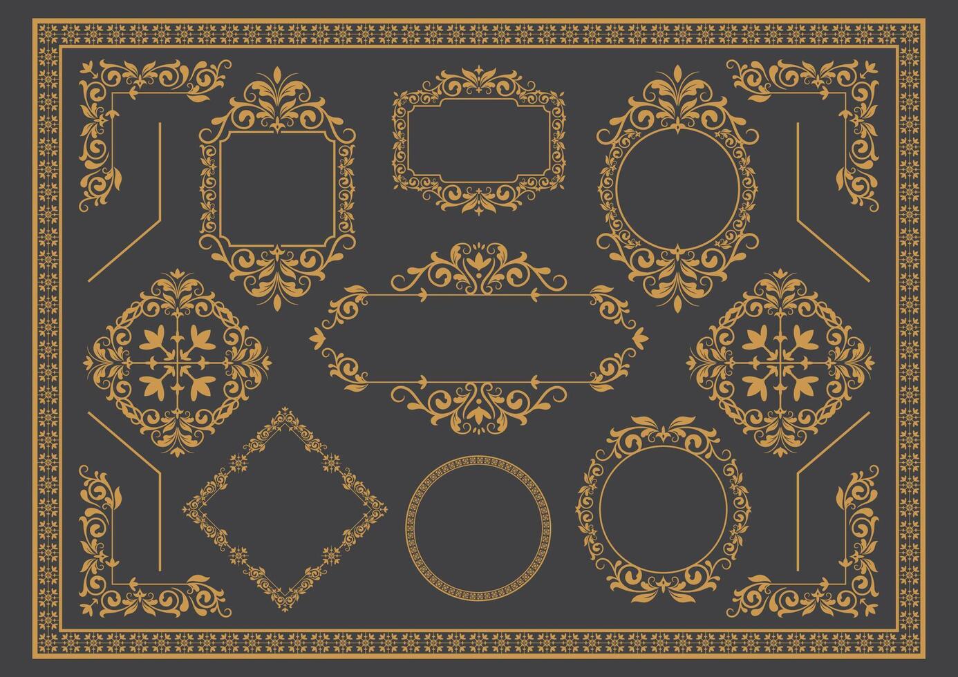 impostato di d'oro Vintage ▾ ornamento con confine, telaio, corona, angolo, mandala e lusso elementi, adatto per Vintage ▾ design o nozze invito carta vettore