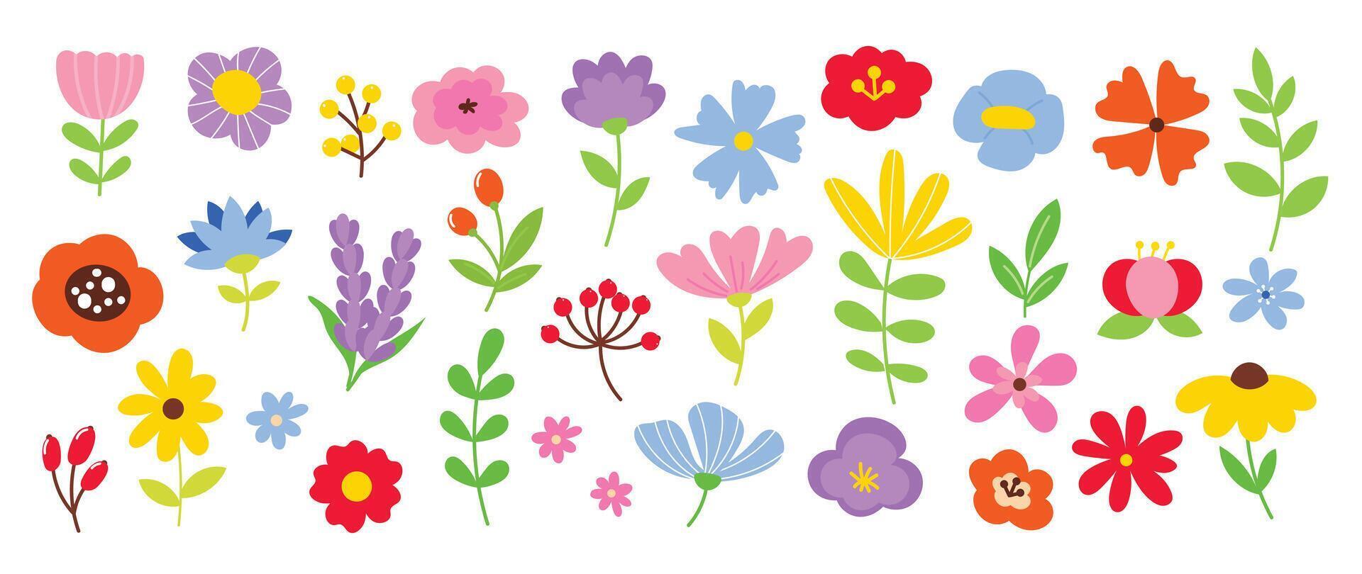 collezione di primavera colorato fiore elementi . impostato floreale di fiore di campo, foglia ramo, fogliame su bianca sfondo. mano disegnato fiorire illustrazione per arredamento, Pasqua, etichetta, clipart, Stampa. vettore