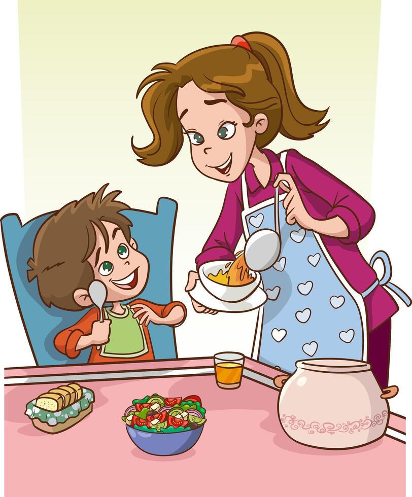 bambino mangiare e madre servendo tavolo.mamma alimentazione bambino ragazzo. salutare cibo. vettore