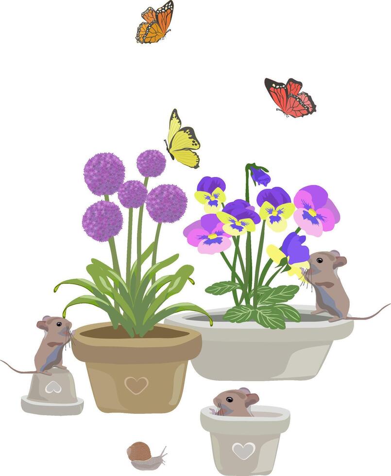illustrazione con topi, farfalle, lumaca e allium fiori e violette vettore