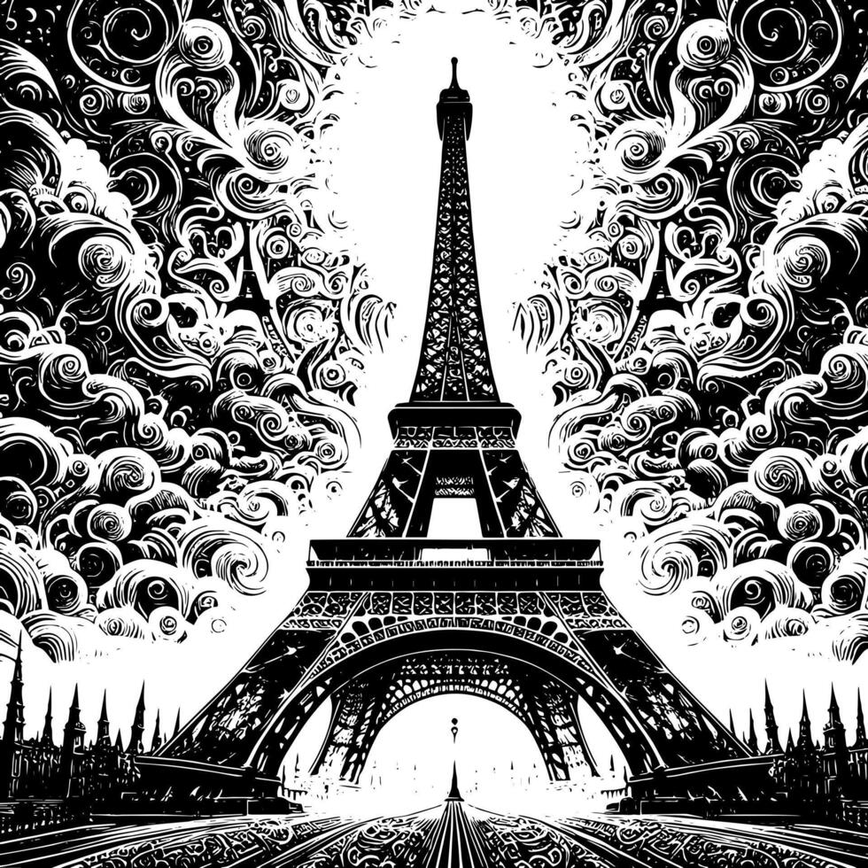 nero e bianca illustrazione di il eiffel Torre giro turistico nel Parigi vettore