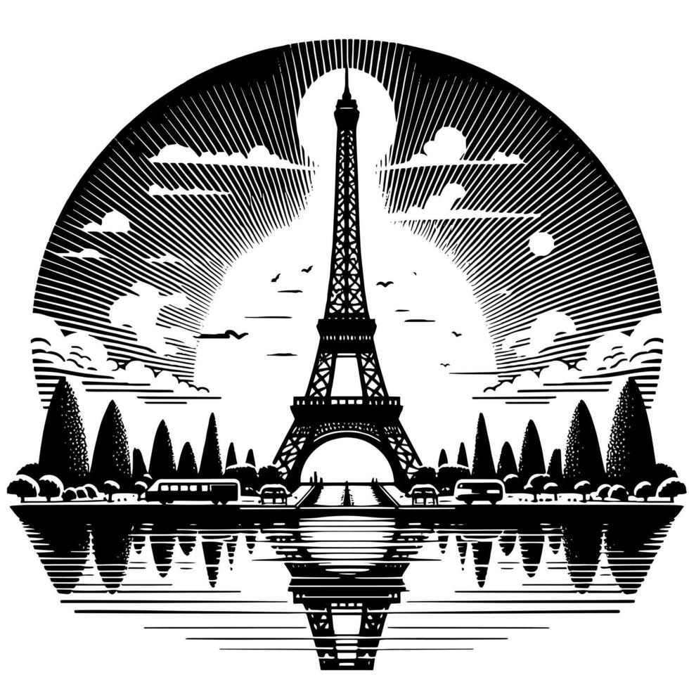 nero e bianca illustrazione di il eiffel Torre giro turistico nel Parigi vettore