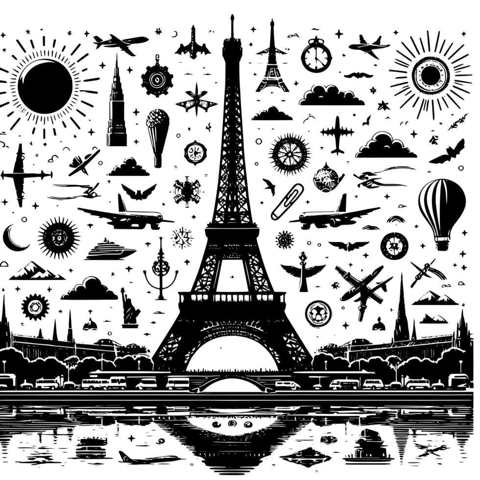 nero e bianca illustrazione di il eiffel Torre giro turistico nel Parigi vettore