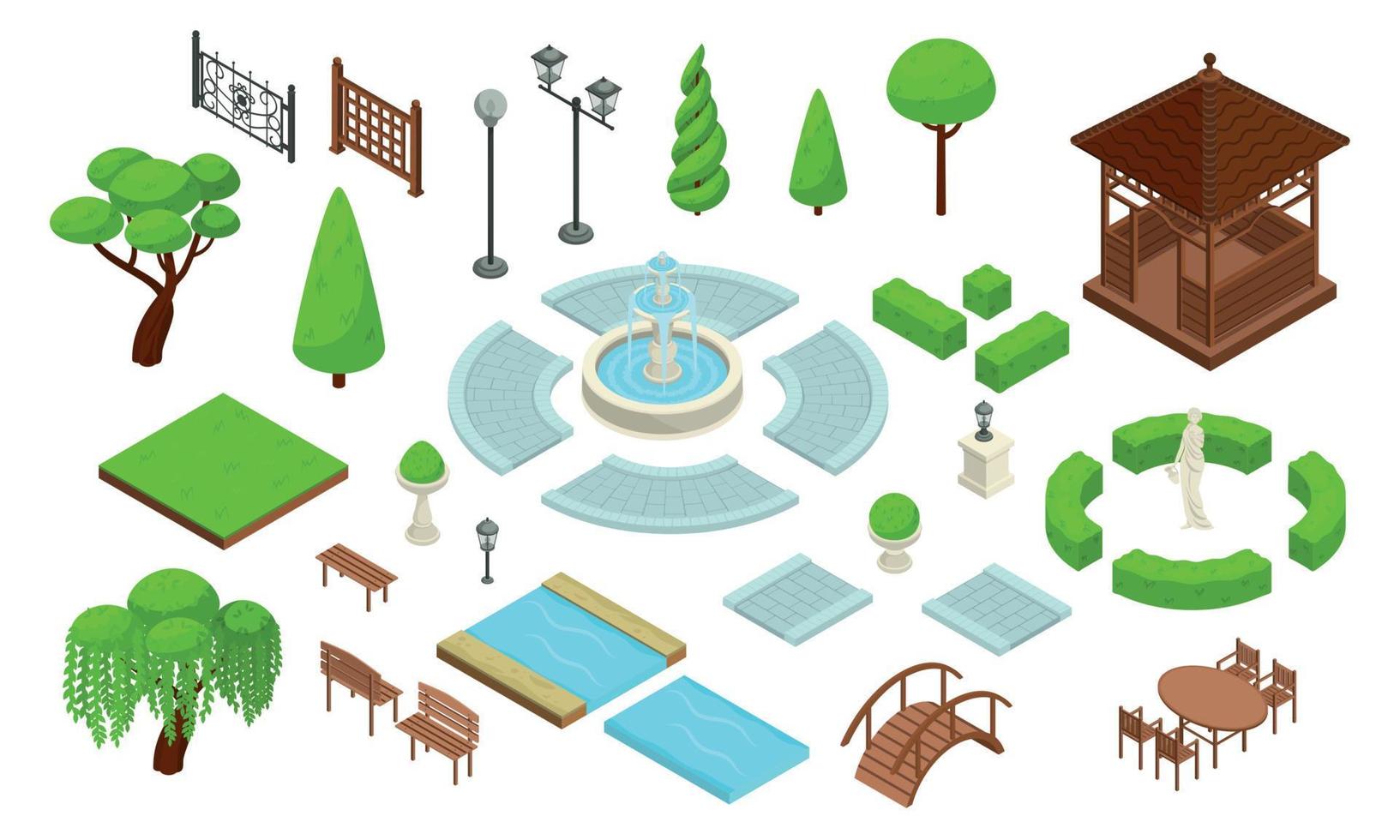 set di icone del costruttore isometrico del parco di progettazione del paesaggio vettore