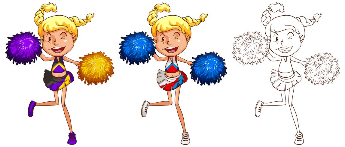 Cheerleader che balla in tre diversi stili di disegno vettore