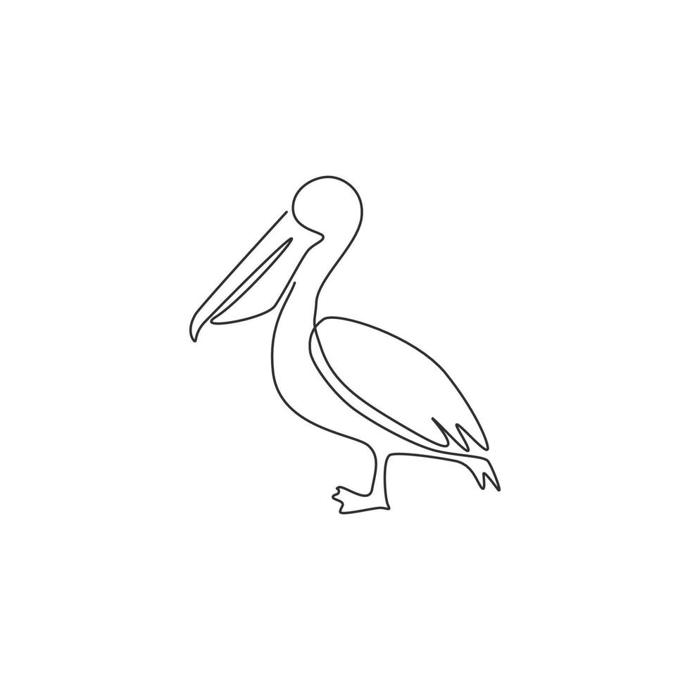 un disegno a tratteggio di un simpatico pellicano per l'identità del logo aziendale. grande concetto di mascotte di uccelli per la società di spedizione. illustrazione di progettazione grafica vettoriale di disegno di linea continua moderna