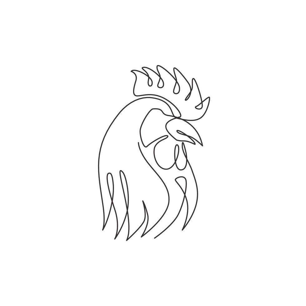 un disegno a tratteggio continuo di un gallo duro per l'identità del logo aziendale del pollame. concetto di mascotte di pollo per icona di cibo a base di carne biologica. illustrazione di progettazione grafica vettoriale di disegno a linea singola alla moda