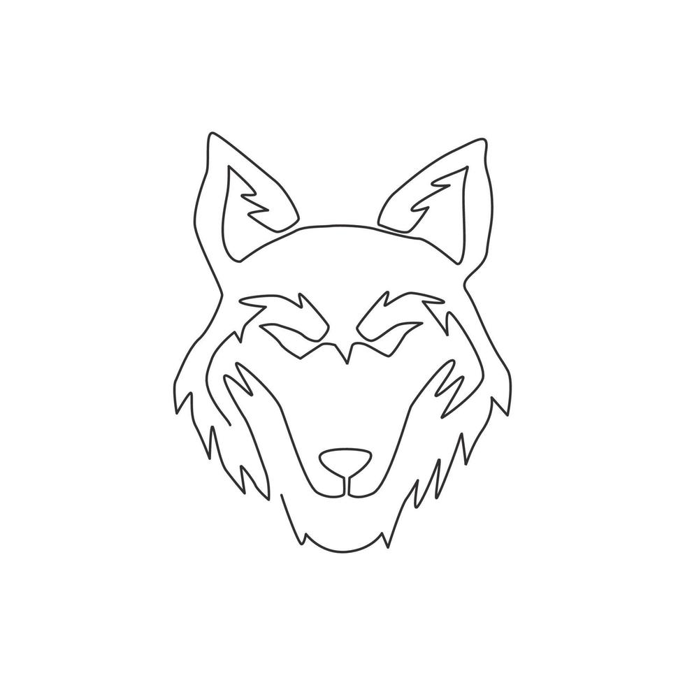 un disegno a tratteggio continuo della testa di lupo pericoloso per l'identità del logo aziendale. concetto di emblema della mascotte dei lupi per l'icona del parco di conservazione. illustrazione vettoriale di disegno grafico di disegno grafico a linea singola moderna