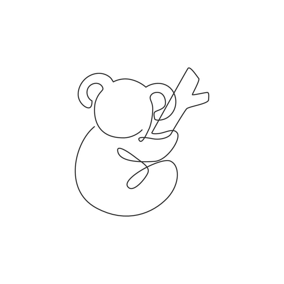 un disegno a tratteggio continuo di adorabili koala sull'albero per l'identità del logo dello zoo nazionale. piccolo orso dall'australia mascotte concetto per l'icona del parco di conservazione. illustrazione vettoriale di disegno a linea singola