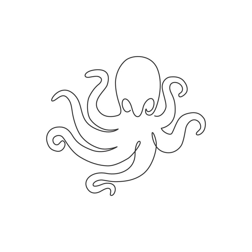 un unico disegno a tratteggio di un polpo spaventoso per l'identità del logo aziendale. divertente, carino, tentacolo, animale, emblema, mascotte, concetto, per, company, icon. illustrazione vettoriale grafica di disegno di disegno di linea continua moderna