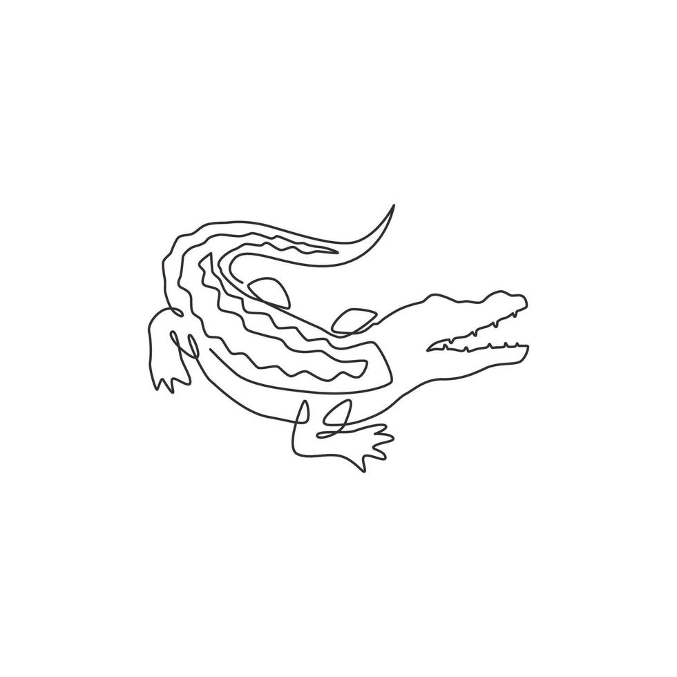 disegno a linea continua di un alligatore ruvido selvaggio con la bocca aperta per l'identità del logo. concetto di rettile coccodrillo per l'icona del parco di conservazione. illustrazione vettoriale di disegno dinamico di una linea di disegno
