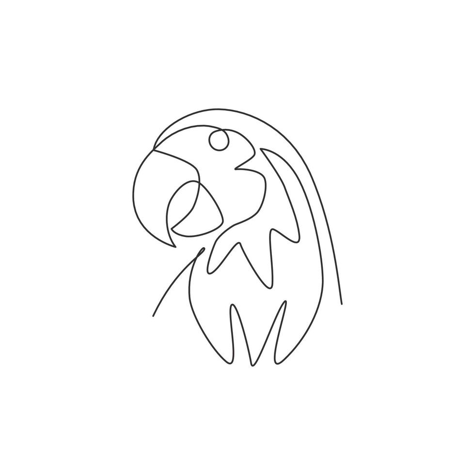 disegno a linea continua di una testa di uccello pappagallo divertente e intelligente per l'identità del logo aziendale. concetto di mascotte animale volante per l'icona del club amante degli animali domestici. illustrazione vettoriale di design grafico di una linea alla moda di disegno