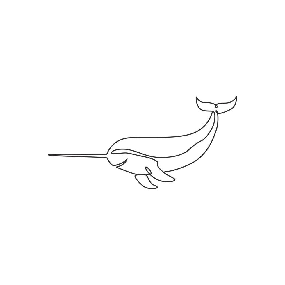 un disegno a tratteggio di un simpatico narvalo divertente per l'identità del logo della compagnia marina. grande mascotte narwhale concetto per icona creatura da favola. illustrazione vettoriale grafica di disegno di disegno di linea continua