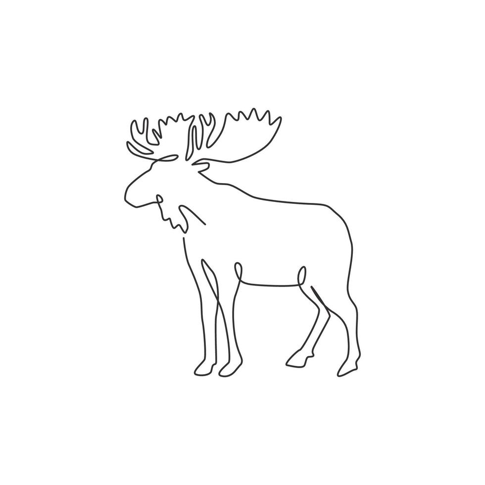 un unico disegno a tratteggio di un grande alce per l'identità del logo. animale mammifero con il concetto di mascotte di corno per l'icona del parco nazionale. illustrazione grafica vettoriale di disegno di disegno di linea continua