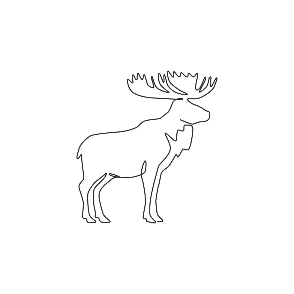 un unico disegno a tratteggio di un grande alce per l'identità del logo. animale mammifero con il concetto di mascotte di corno per l'icona del parco nazionale. grafica di illustrazione vettoriale di disegno di disegno di linea continua