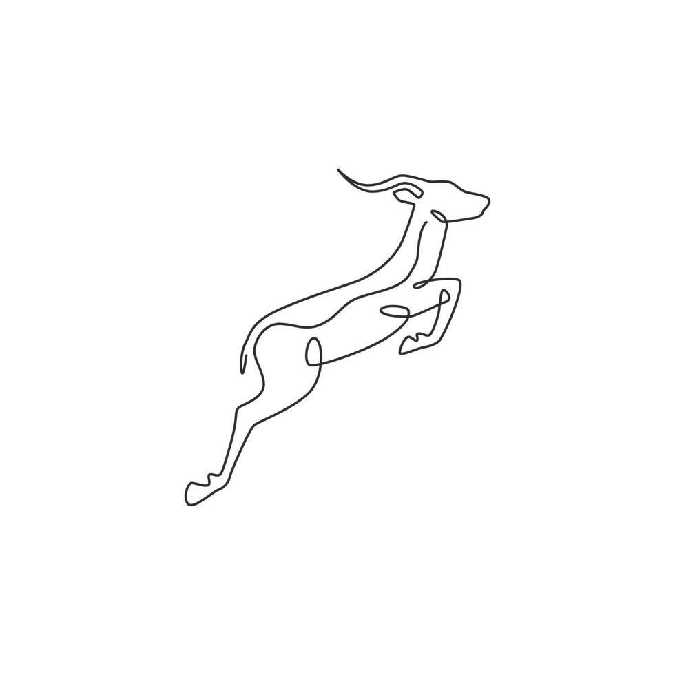 un disegno a tratteggio continuo di un'adorabile antilope che salta per l'identità del logo aziendale. concetto di mascotte gazzella agile cornuta per l'icona del parco safari. illustrazione vettoriale di disegno grafico di disegno a linea singola