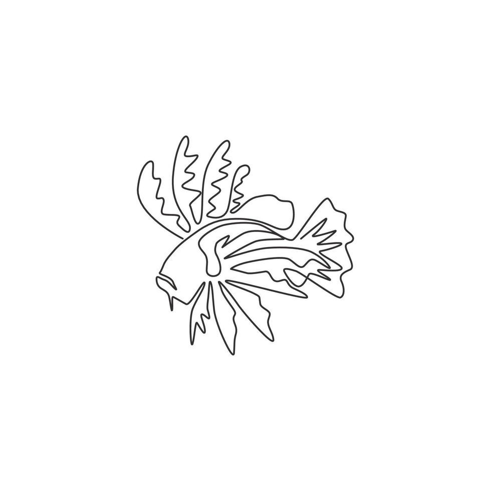 un disegno a tratteggio continuo di un pesce leone spaventoso per l'identità del logo aziendale. concetto di mascotte creatura pesce mostro marino per icona spettacolo acquatico. illustrazione vettoriale grafica di disegno di disegno a linea singola moderna