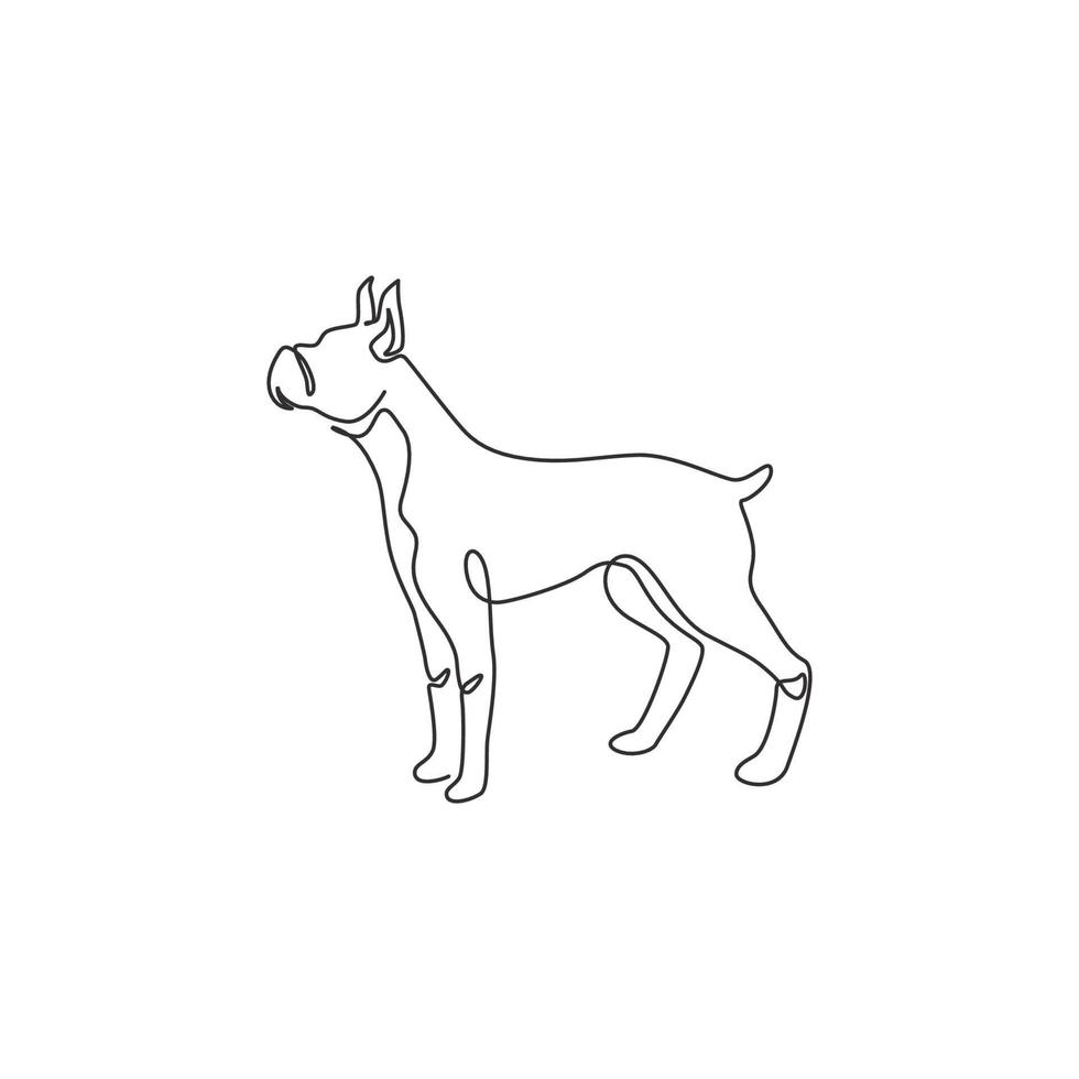 disegno a una linea di un cane boxer galante per l'identità del logo della società di sicurezza. cane di razza mascotte concetto per pedigree amichevole icona dell'animale domestico. illustrazione vettoriale di disegno di disegno di linea continua moderna