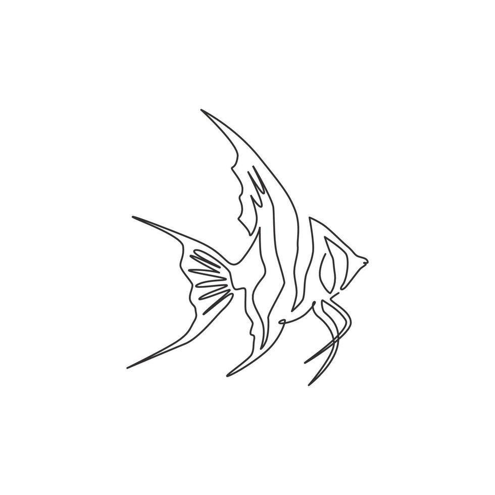 un disegno a tratteggio continuo di simpatici pesci angelo d'acqua dolce per l'identità del logo aziendale. concetto di mascotte di pesce pterophyllum di bellezza per l'icona dello spettacolo acquatico. illustrazione vettoriale di design moderno a linea singola