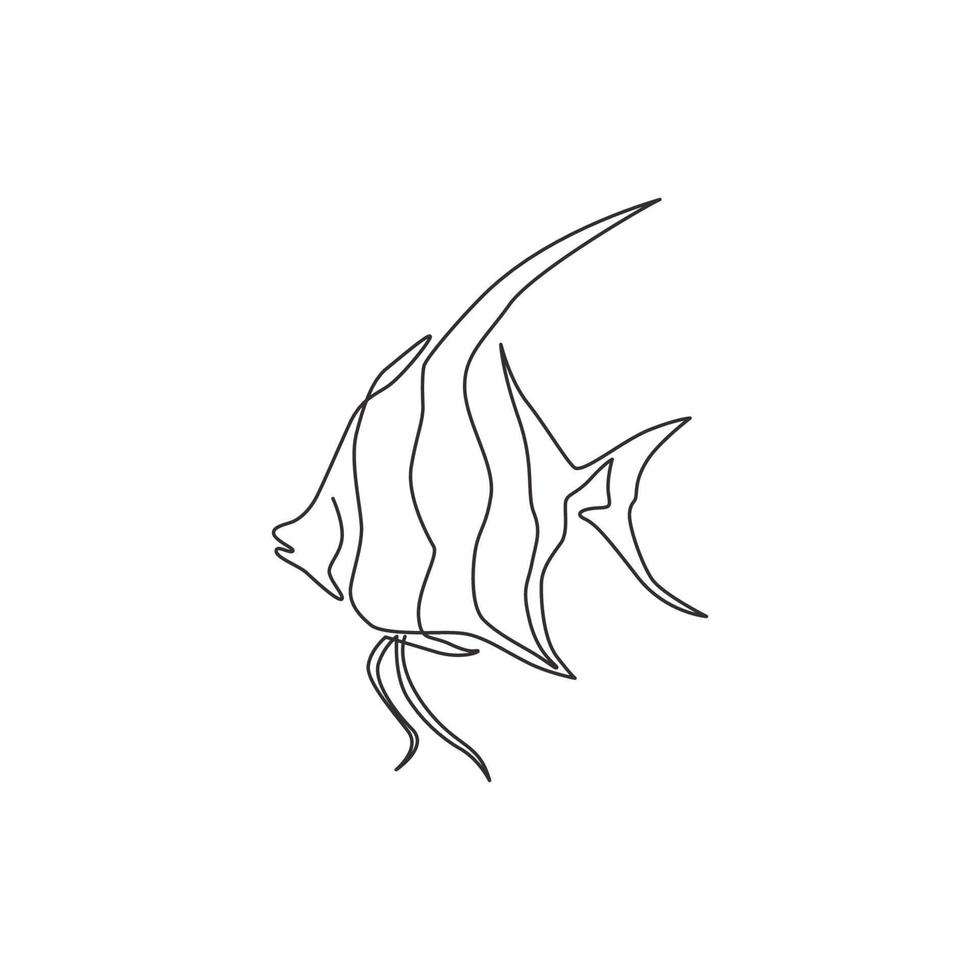 disegno a linea continua di adorabili pesci angelo d'acqua dolce per l'identità del logo aziendale. carino pterophyllum pesce mascotte concetto per acquario mostra icona. illustrazione vettoriale di design moderno a una linea di disegno