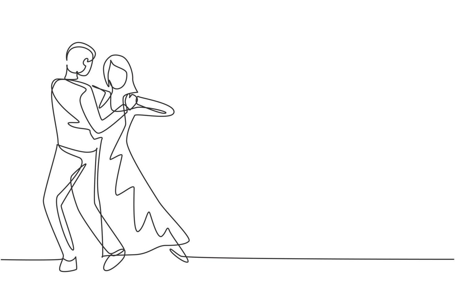 singolo un disegno a tratteggio uomo donna ballerino professionista coppia che balla tango, balli di valzer sulla pista da ballo di gara di ballo. stile di vita felice. illustrazione vettoriale grafica di disegno di disegno di linea continua moderna