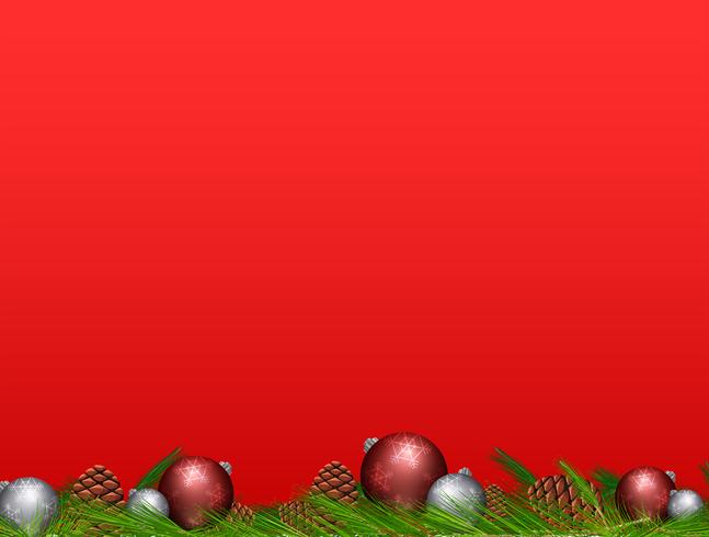 Pinecone e palle di Natale su sfondo rosso vettore