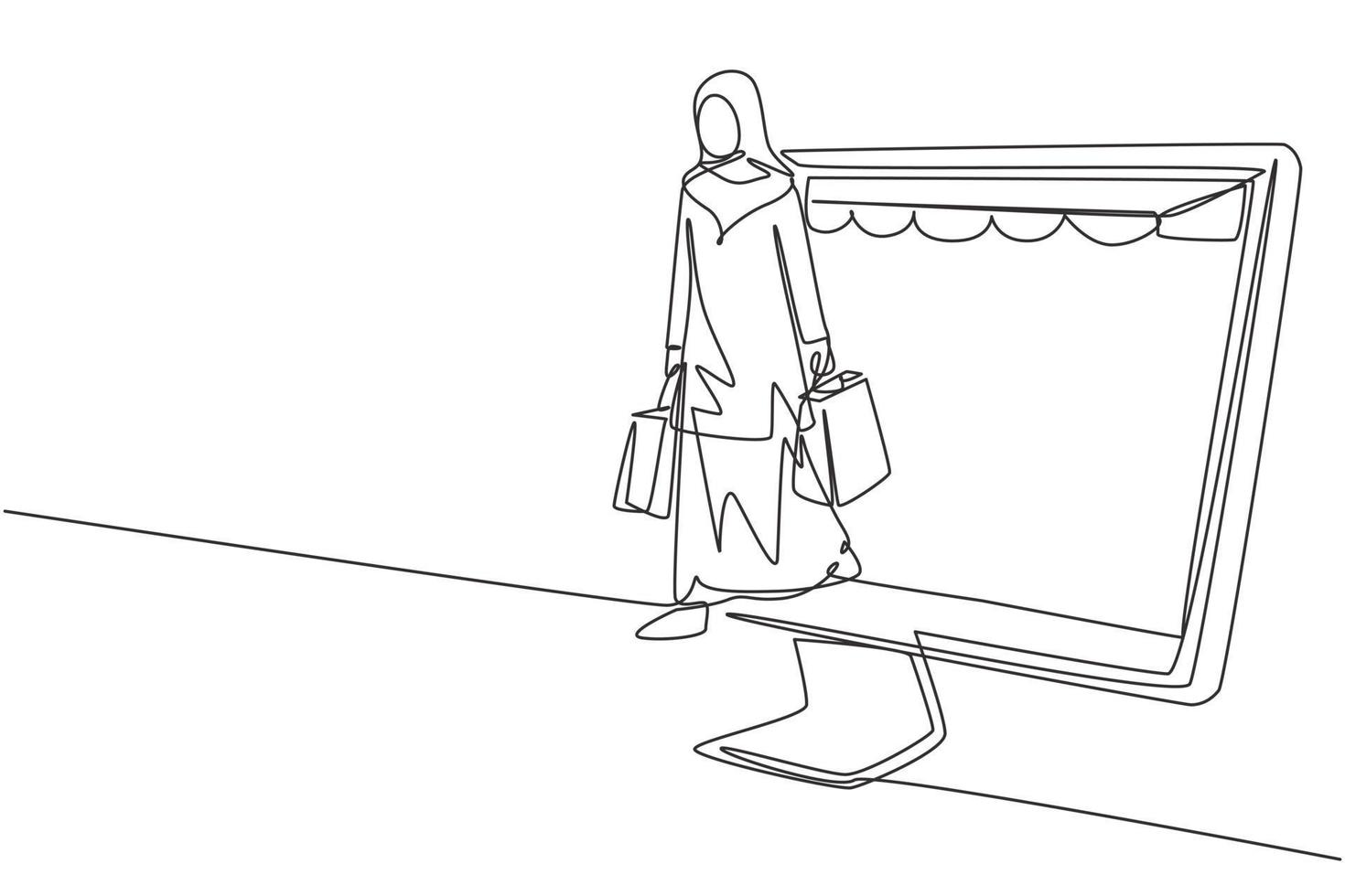 disegno a linea continua di una donna araba che esce dallo schermo del monitor del baldacchino che tiene le borse della spesa. stile di vita digitale e concetto di consumismo. illustrazione vettoriale di disegno grafico di disegno grafico di una linea dinamica
