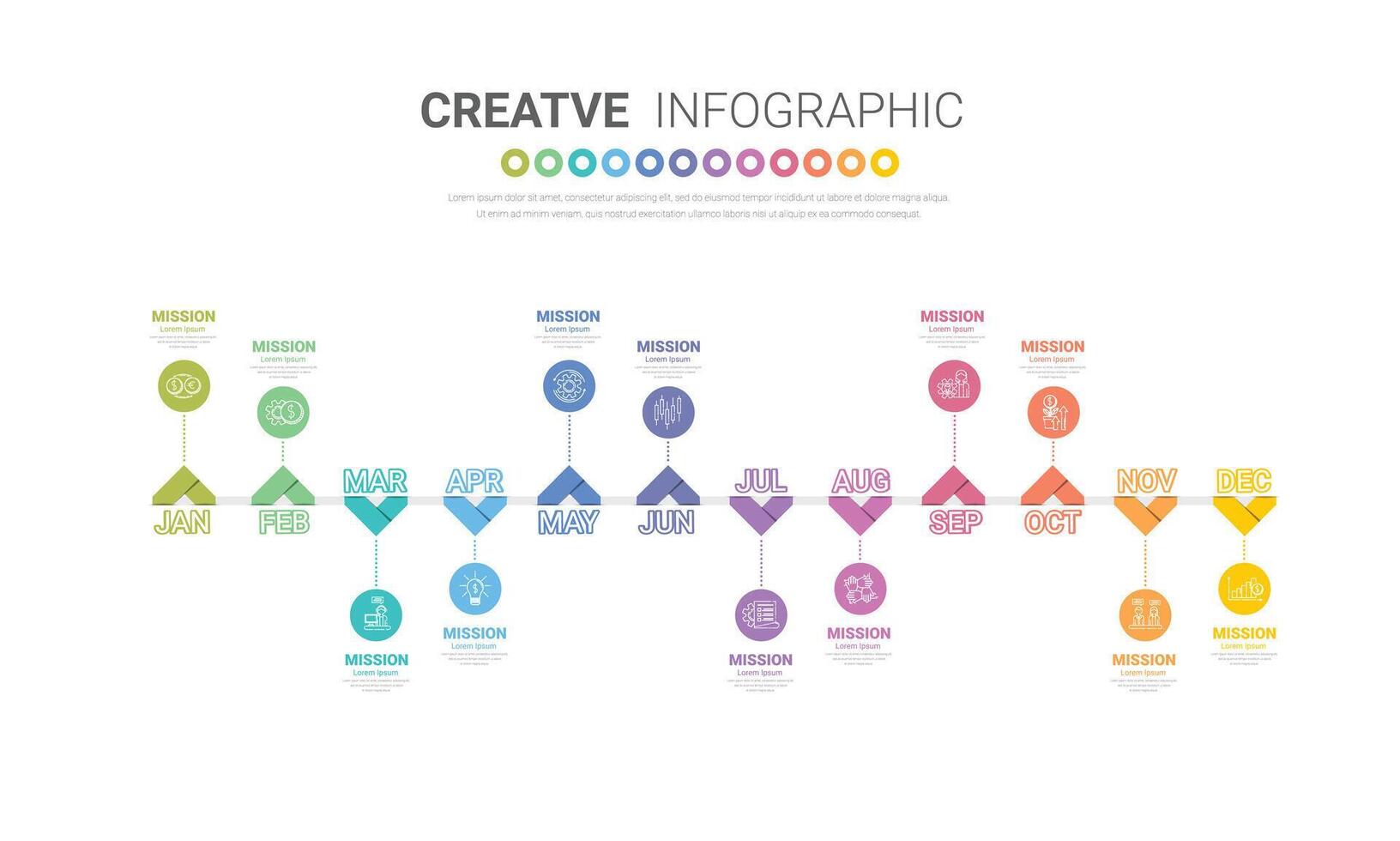 sequenza temporale per 1 anno, 12 mesi, infografica tutti mese progettista design e presentazione attività commerciale può essere Usato per flusso di lavoro, processi diagramma, flusso grafico. vettore