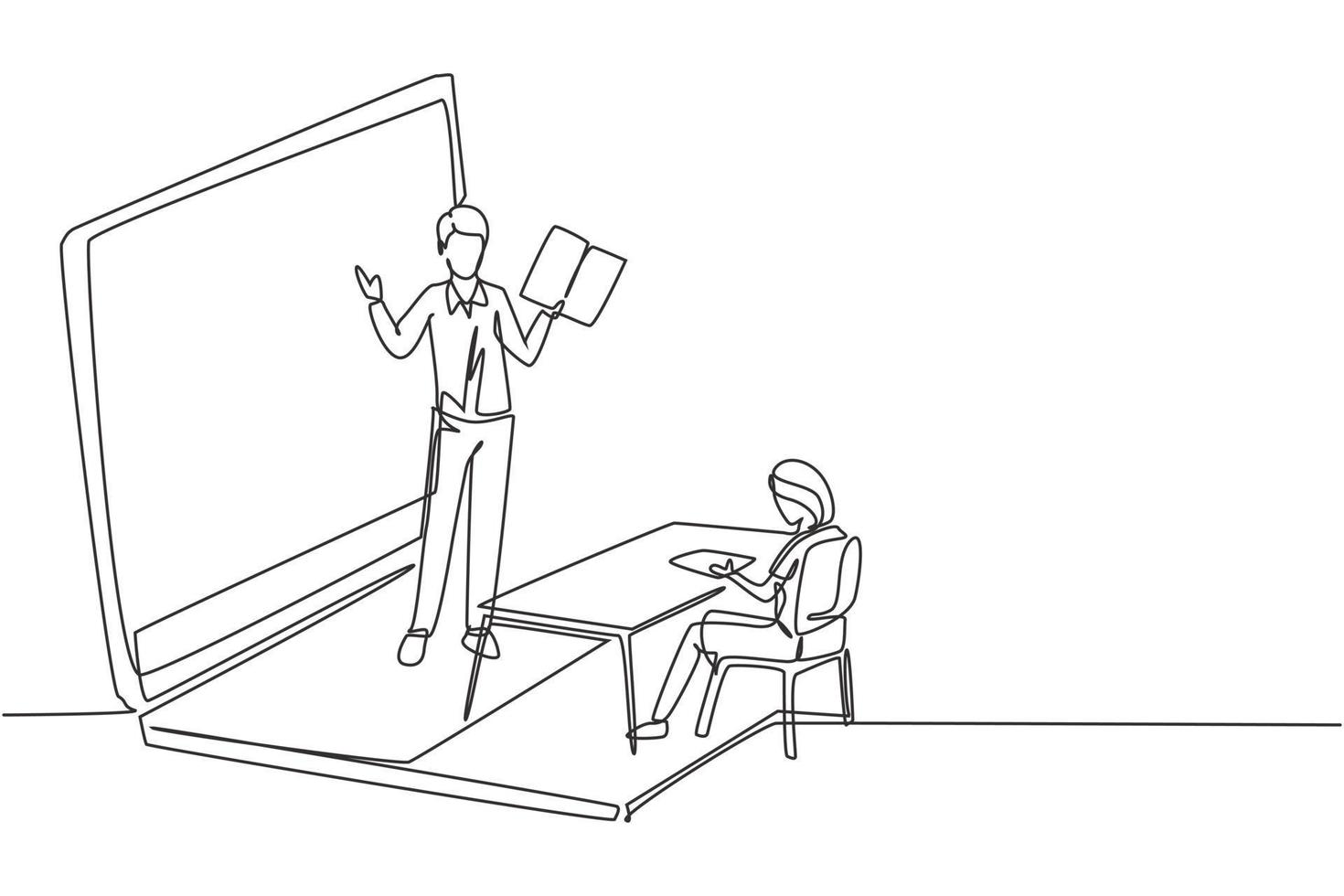 singolo insegnante maschio di disegno a tratteggio in piedi davanti allo schermo del computer portatile con in mano un libro e insegna alle studentesse delle scuole medie inferiori sedute sulle panchine intorno alla scrivania. disegnare l'illustrazione grafica del design vettore